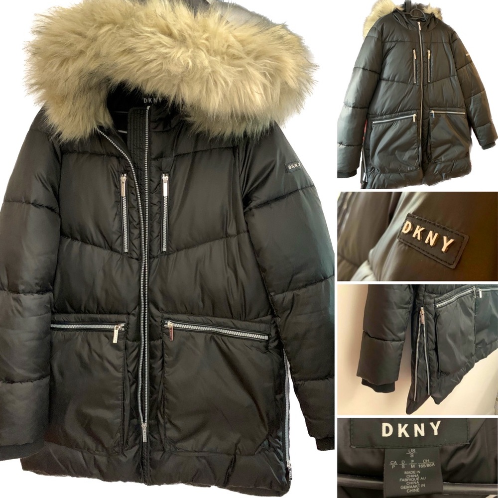 DKNY BLACK COAT WITH FAUX FUR- lightly used - Excellent condition - Size S